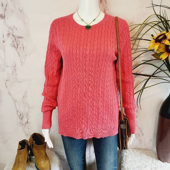 Lands End 100% cotton melon color cable knit sweater - Picture 2 of 7